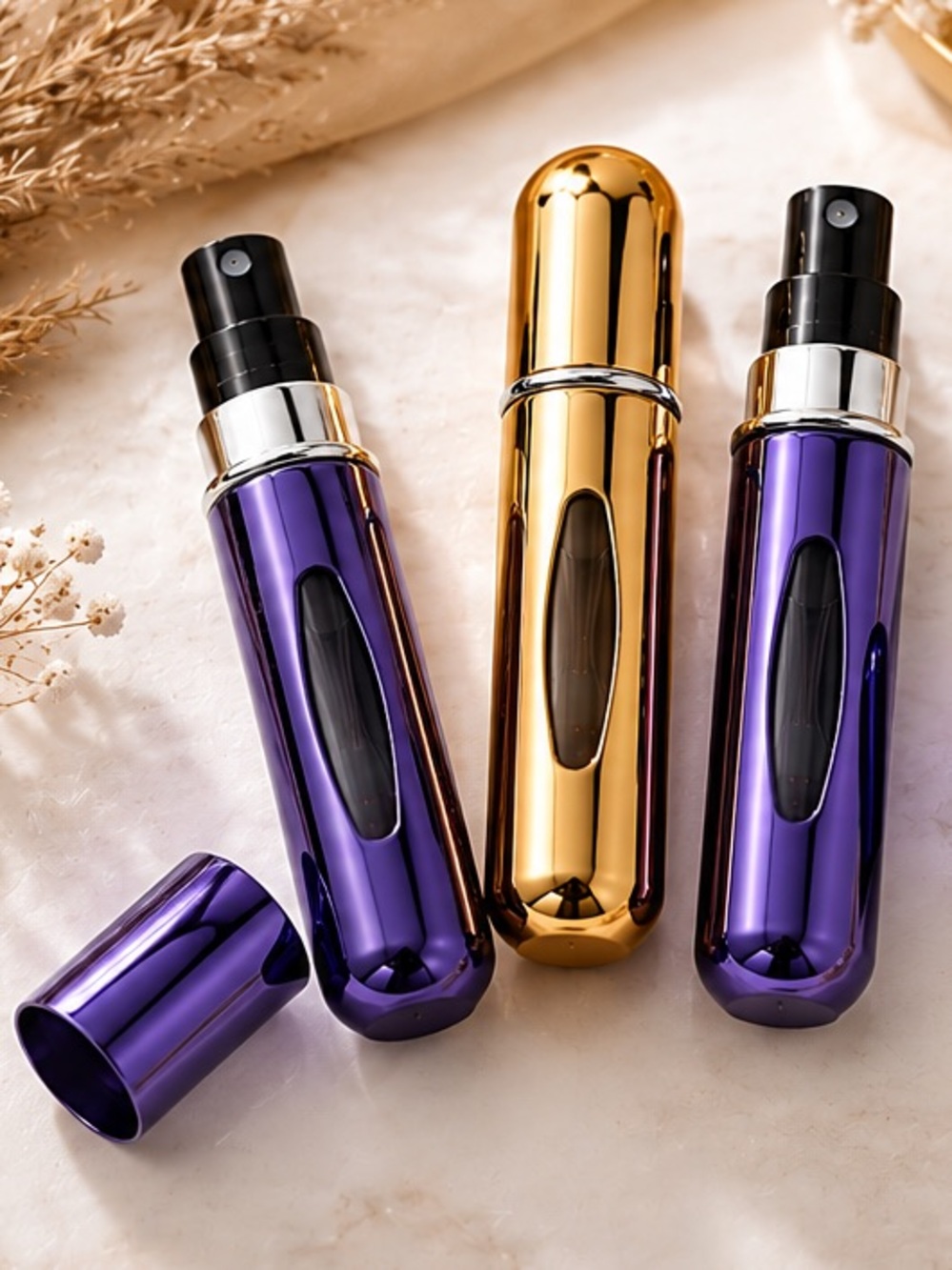 NEW -  3PC Refillable Perfume Atomizer Bottles Gold & Purple Travel Size 5ml